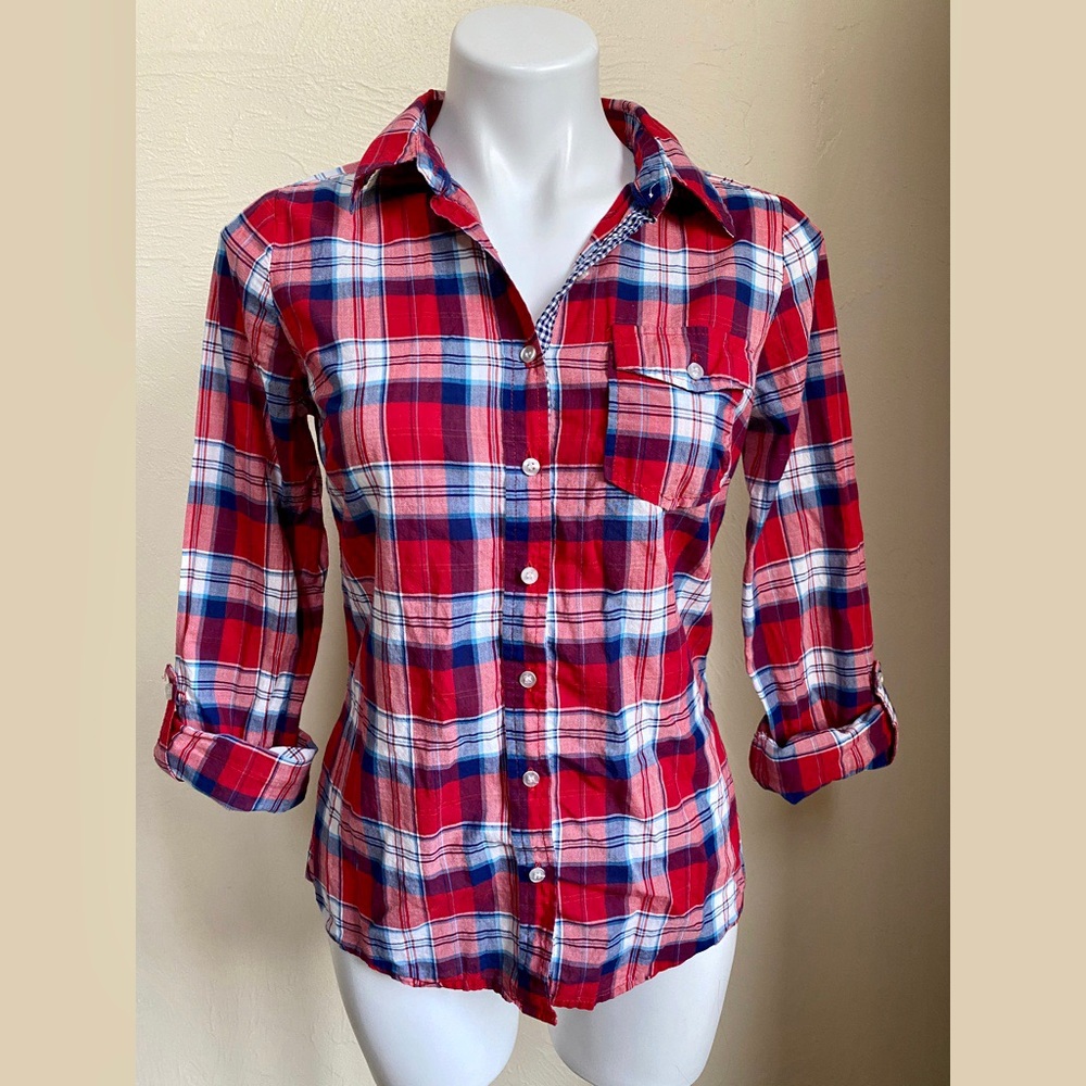 bright red plaid cotton shirt